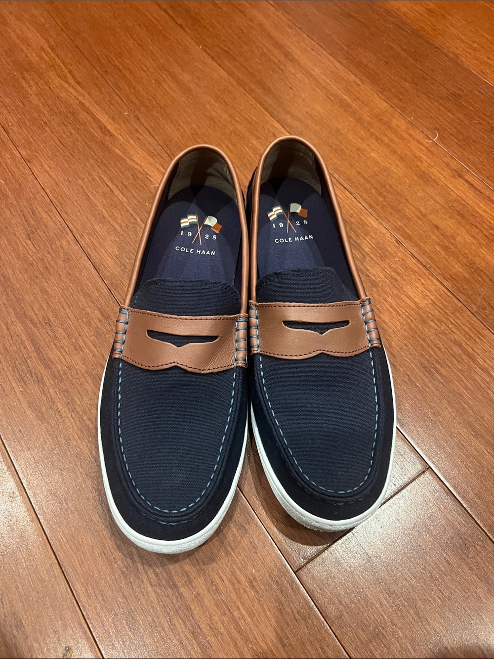 Cole Haan Men's Navy and Brown Canvas Penny Loafers